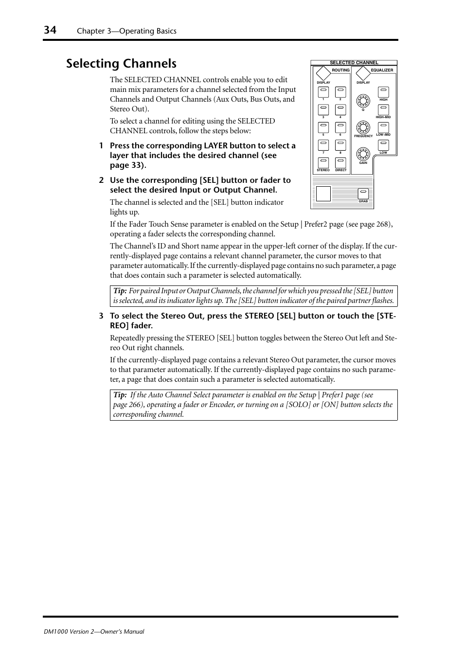 Selecting channels, Chapter 3—operating basics | Yamaha 006IPTO-F0 User Manual | Page 34 / 388