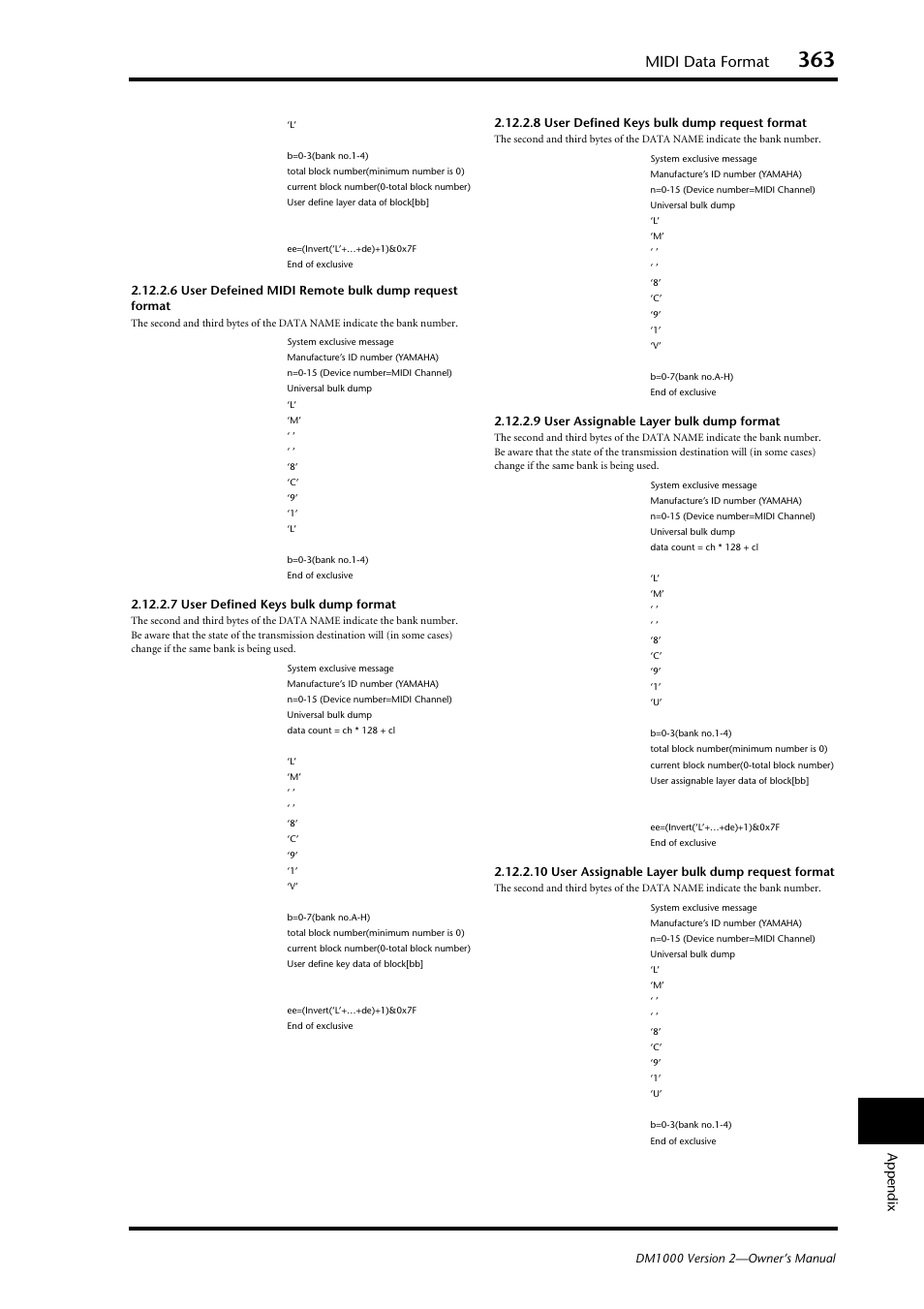 Midi data format, Appendix | Yamaha 006IPTO-F0 User Manual | Page 363 / 388