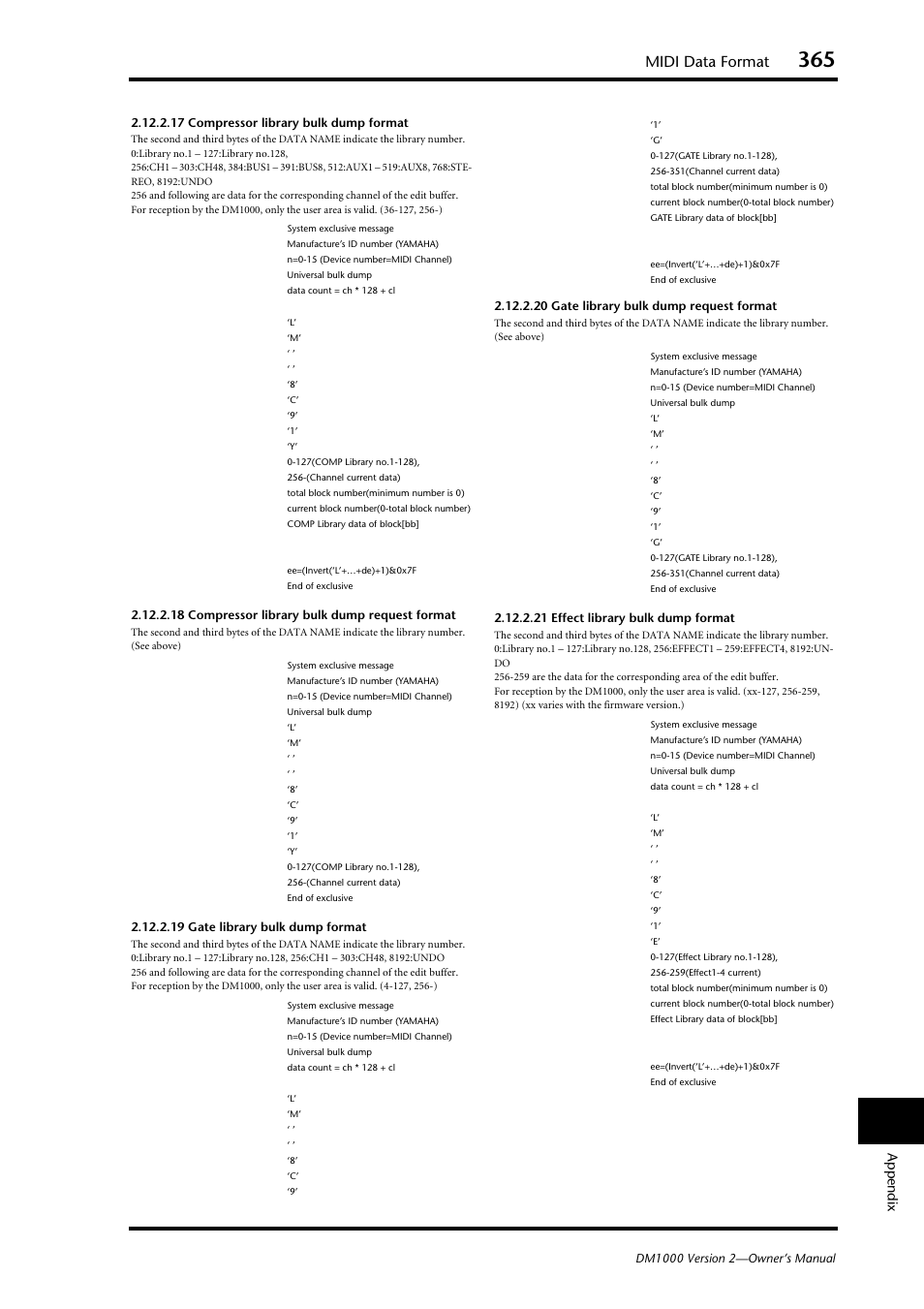 Midi data format, Appendix | Yamaha 006IPTO-F0 User Manual | Page 365 / 388