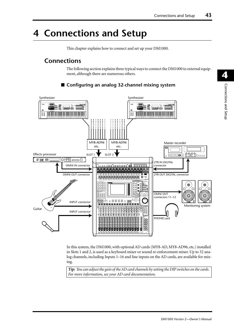 4 connections and setup, Connections, Connections and setup | Configuring an analog 32-channel mixing system | Yamaha 006IPTO-F0 User Manual | Page 43 / 388