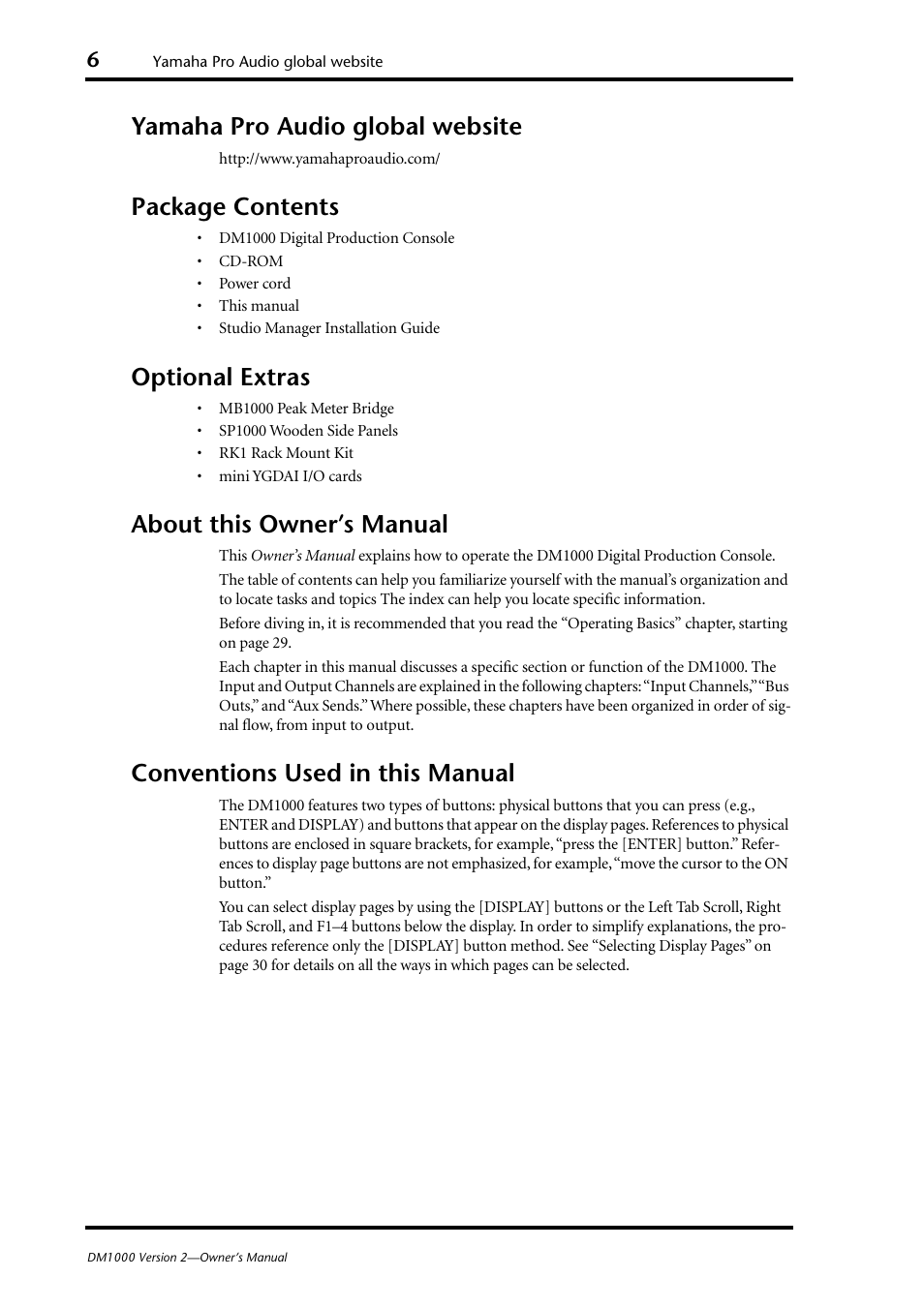 Yamaha pro audio global website, Package contents, Optional extras | About this owner’s manual, Conventions used in this manual | Yamaha 006IPTO-F0 User Manual | Page 6 / 388