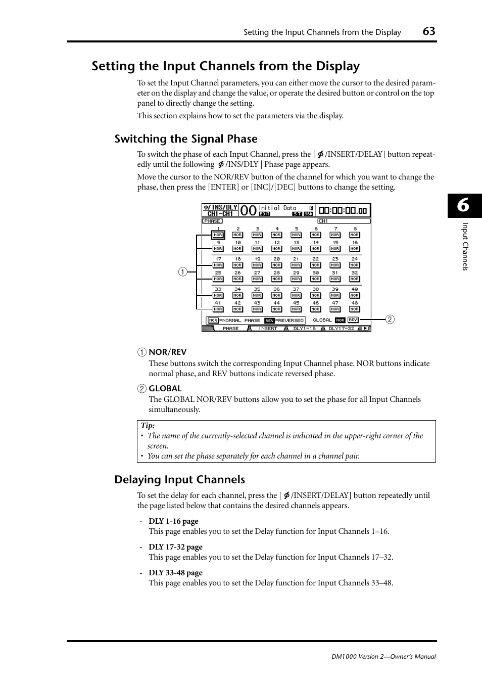 Setting the input channels from the display, Switching the signal phase, Delaying input channels | Yamaha 006IPTO-F0 User Manual | Page 63 / 388