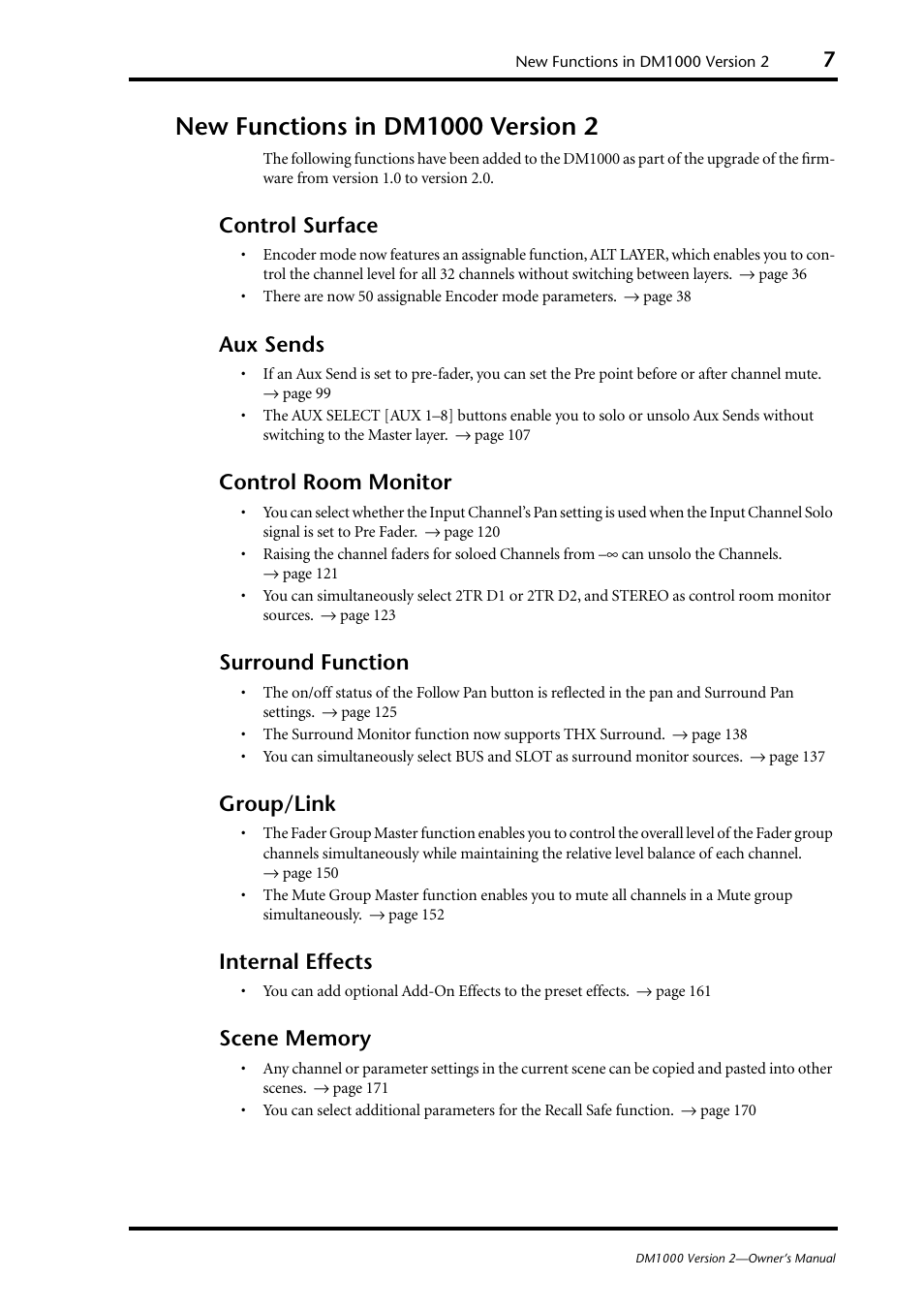 New functions in dm1000 version 2, Control surface, Aux sends | Control room monitor, Surround function, Group/link, Internal effects | Yamaha 006IPTO-F0 User Manual | Page 7 / 388