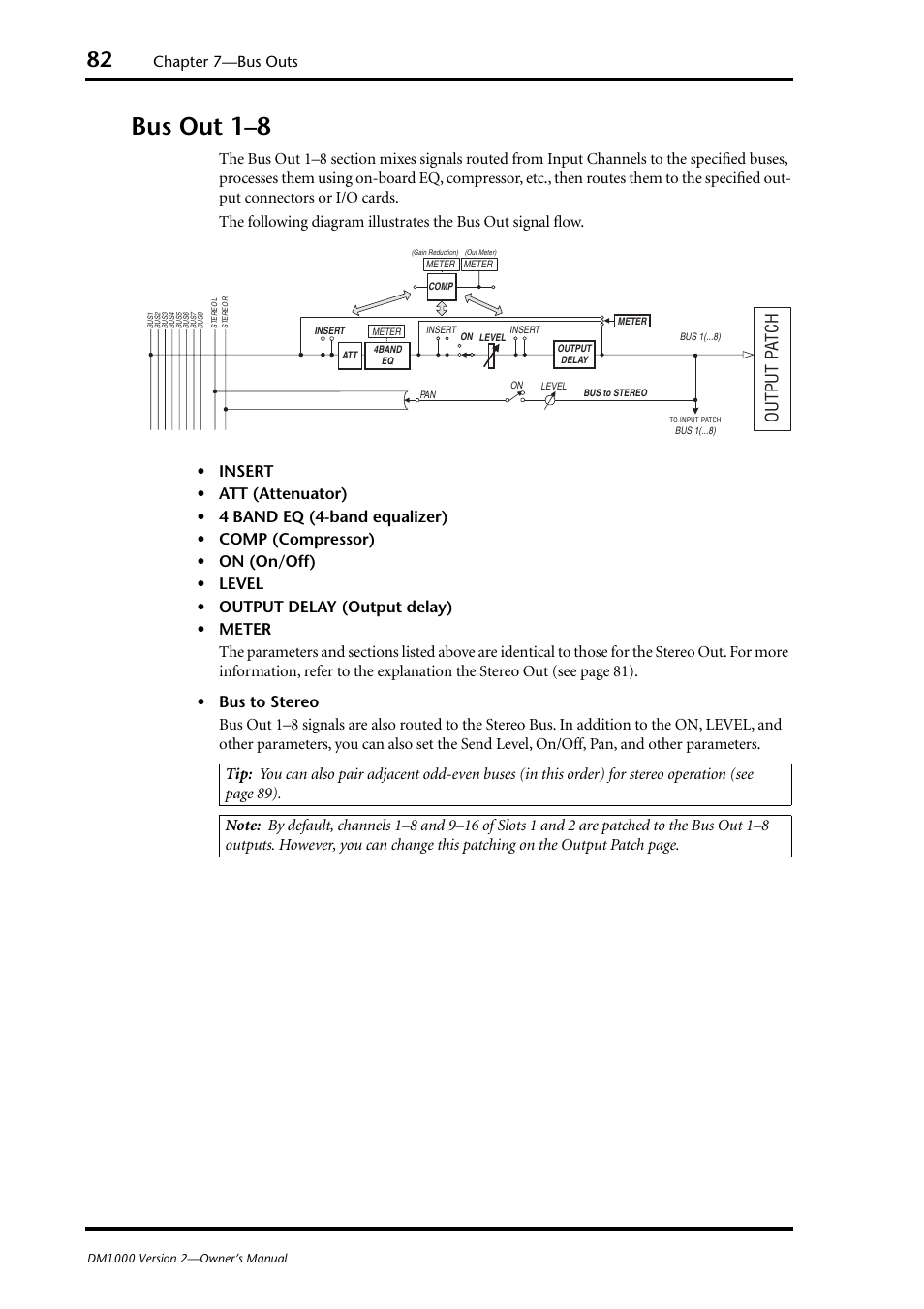 Bus out 1–8, Output p a tch, Chapter 7—bus outs | Yamaha 006IPTO-F0 User Manual | Page 82 / 388