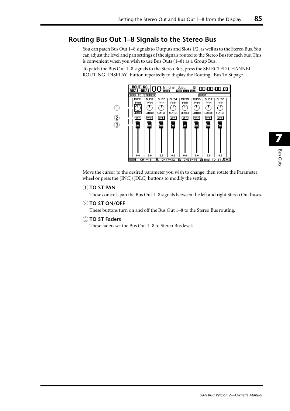 And 85), Routing bus out 1–8 signals to the stereo bus | Yamaha 006IPTO-F0 User Manual | Page 85 / 388