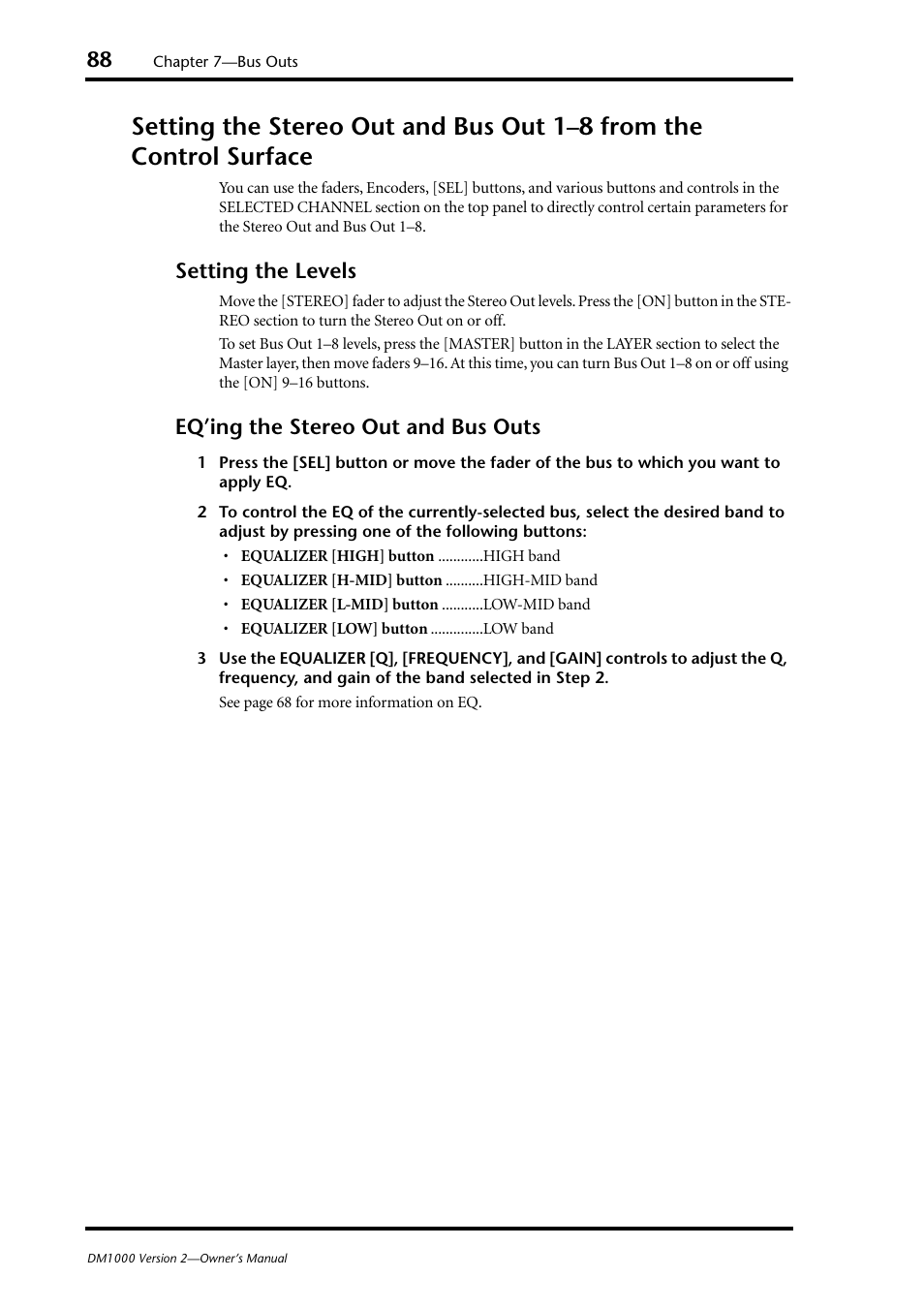 Setting the levels, Eq’ing the stereo out and bus outs | Yamaha 006IPTO-F0 User Manual | Page 88 / 388