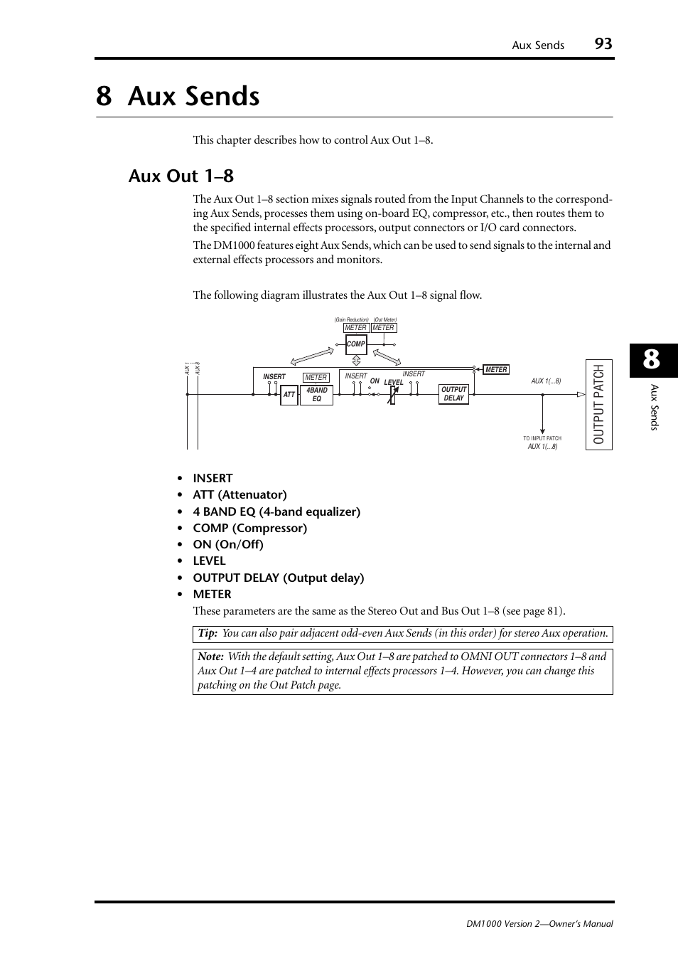 8 aux sends, Aux out 1–8, Aux sends | Output p a tch | Yamaha 006IPTO-F0 User Manual | Page 93 / 388