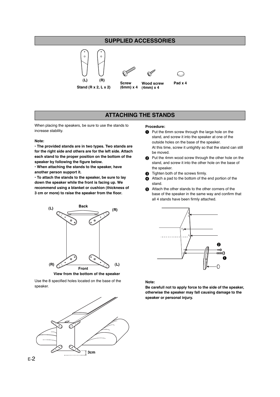 Supplied accessories, Attaching the stands, 2attaching the stands | Yamaha NS-525F User Manual | Page 2 / 5
