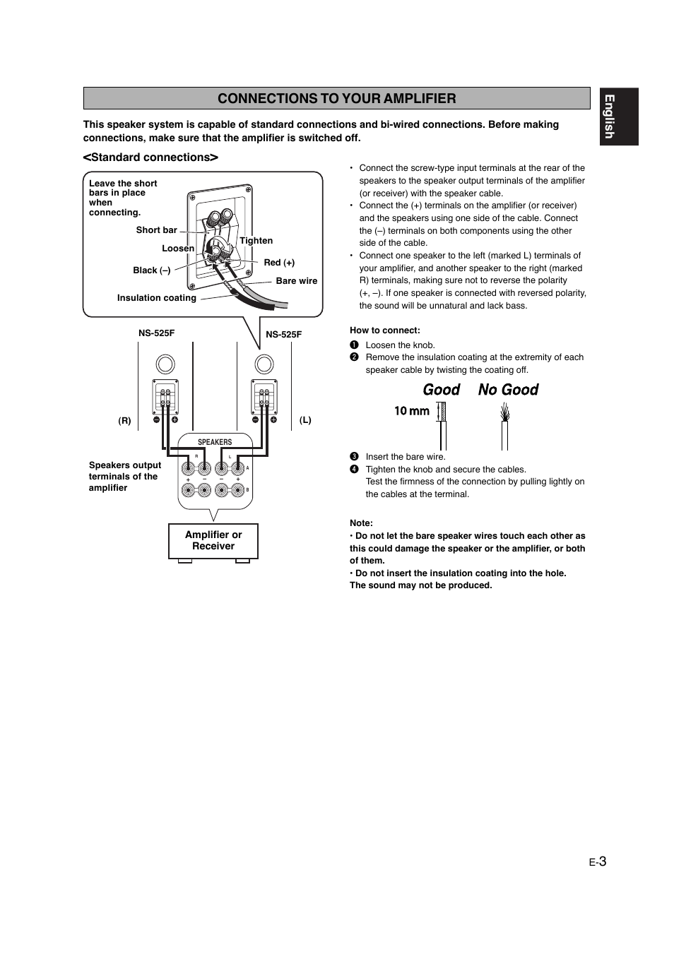 Connections to your amplifier, English, Standard connections | Yamaha NS-525F User Manual | Page 3 / 5