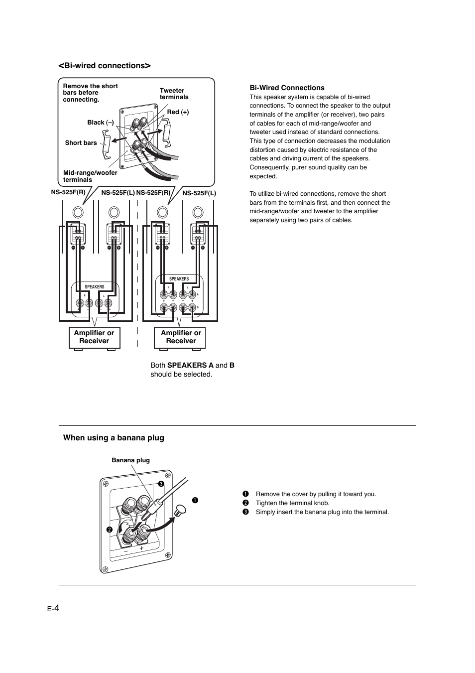 Bi-wired connections, When using a banana plug | Yamaha NS-525F User Manual | Page 4 / 5