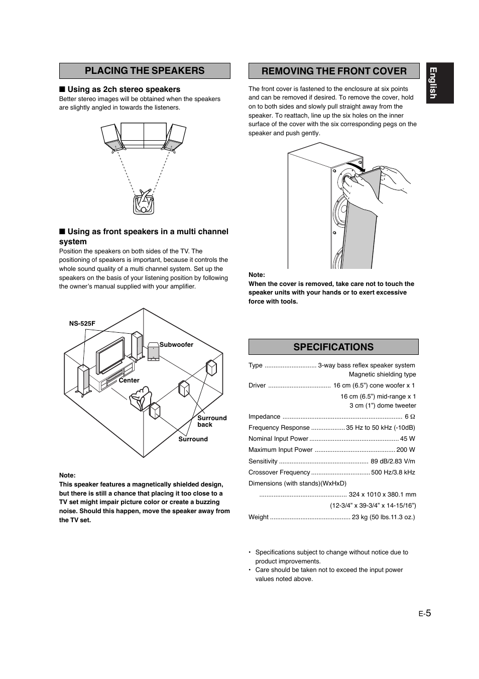 Placing the speakers, Removing the front cover, Specifications | English | Yamaha NS-525F User Manual | Page 5 / 5