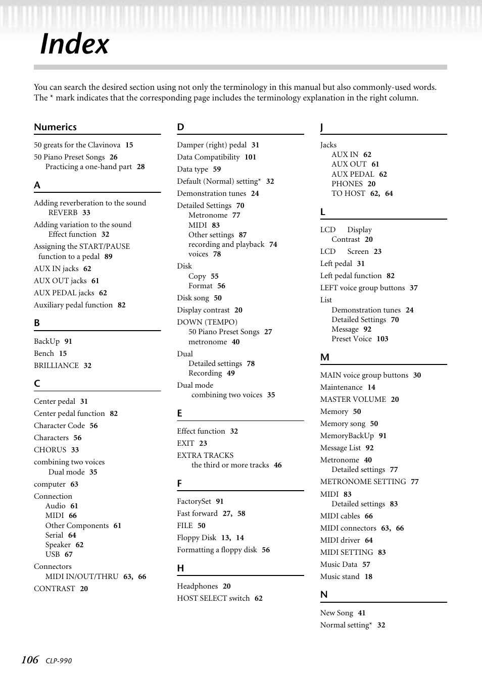 Index | Yamaha CLP-990M  EN User Manual | Page 106 / 111