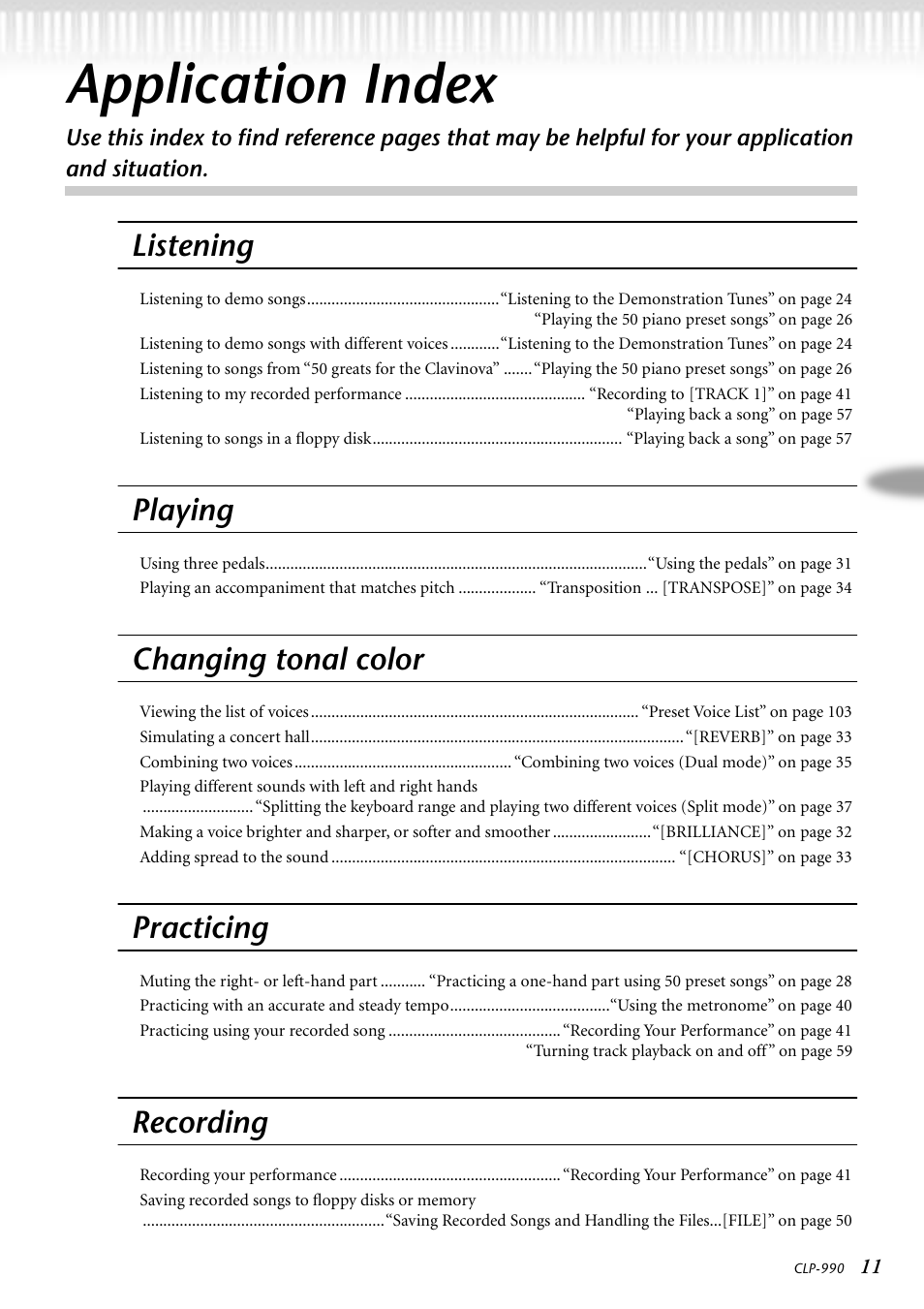 Application index, Listening, Playing | Changing tonal color, Practicing, Recording | Yamaha CLP-990M  EN User Manual | Page 11 / 111