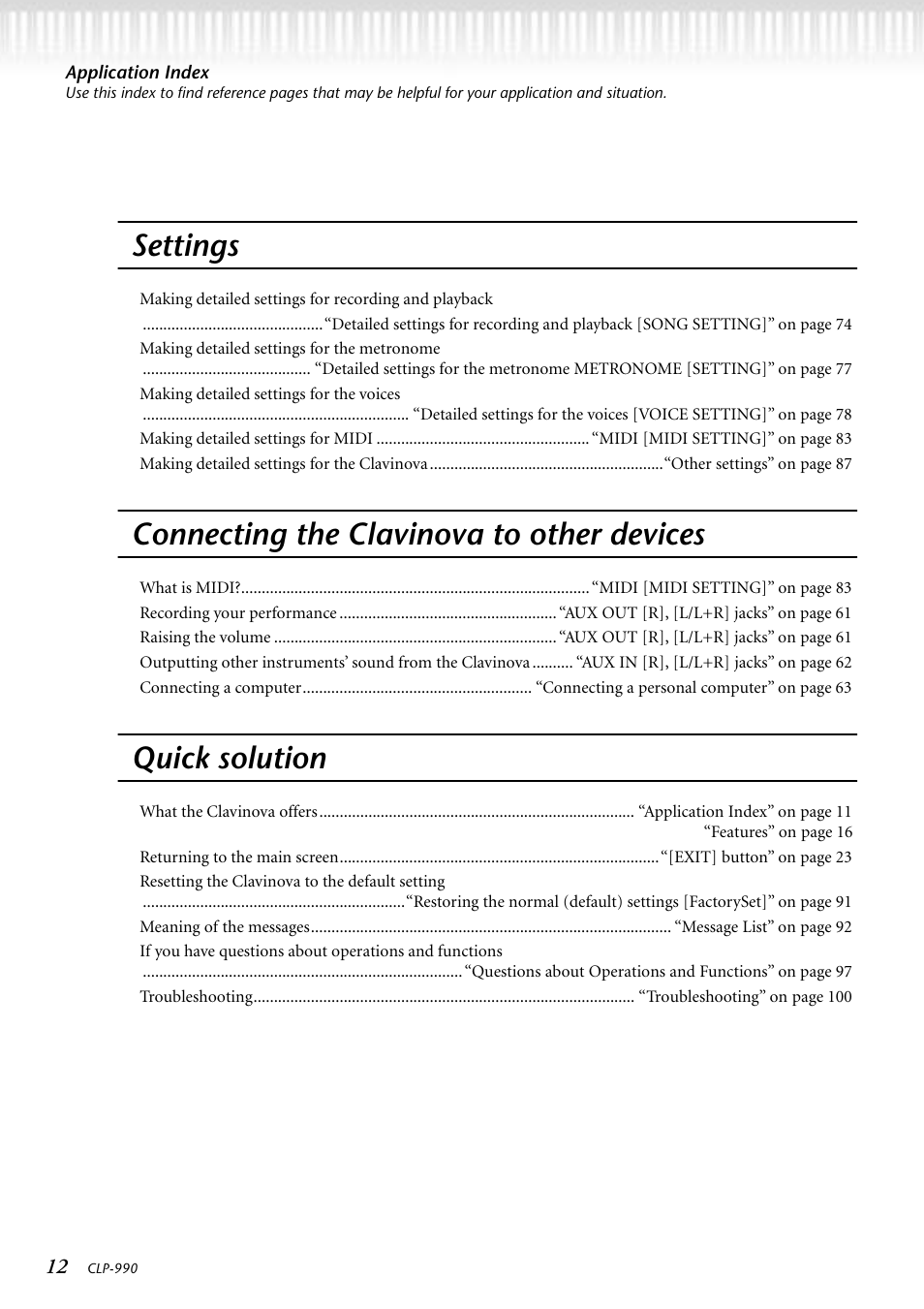 Settings, Connecting the clavinova to other devices, Quick solution | Yamaha CLP-990M  EN User Manual | Page 12 / 111