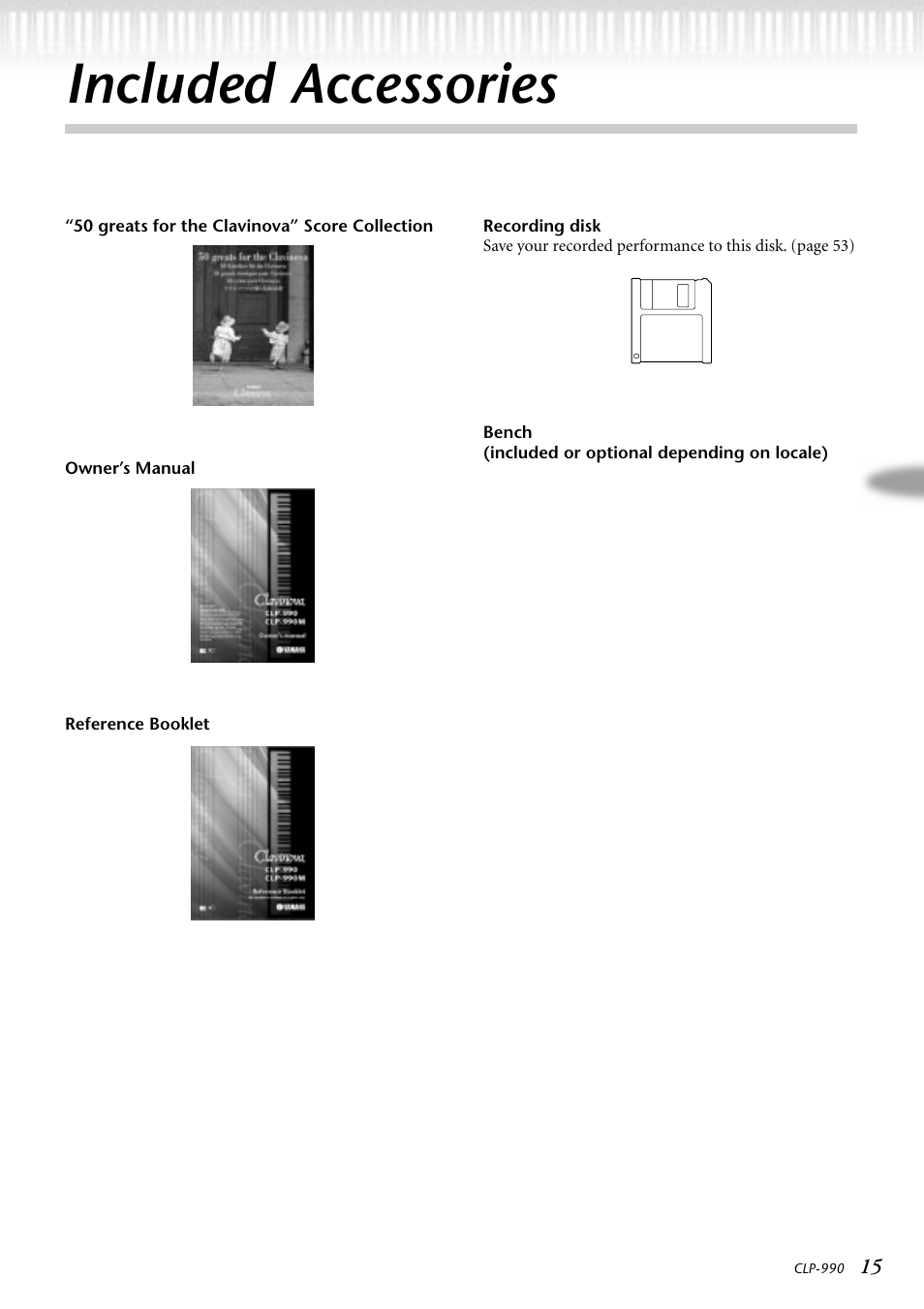 Included accessories | Yamaha CLP-990M  EN User Manual | Page 15 / 111