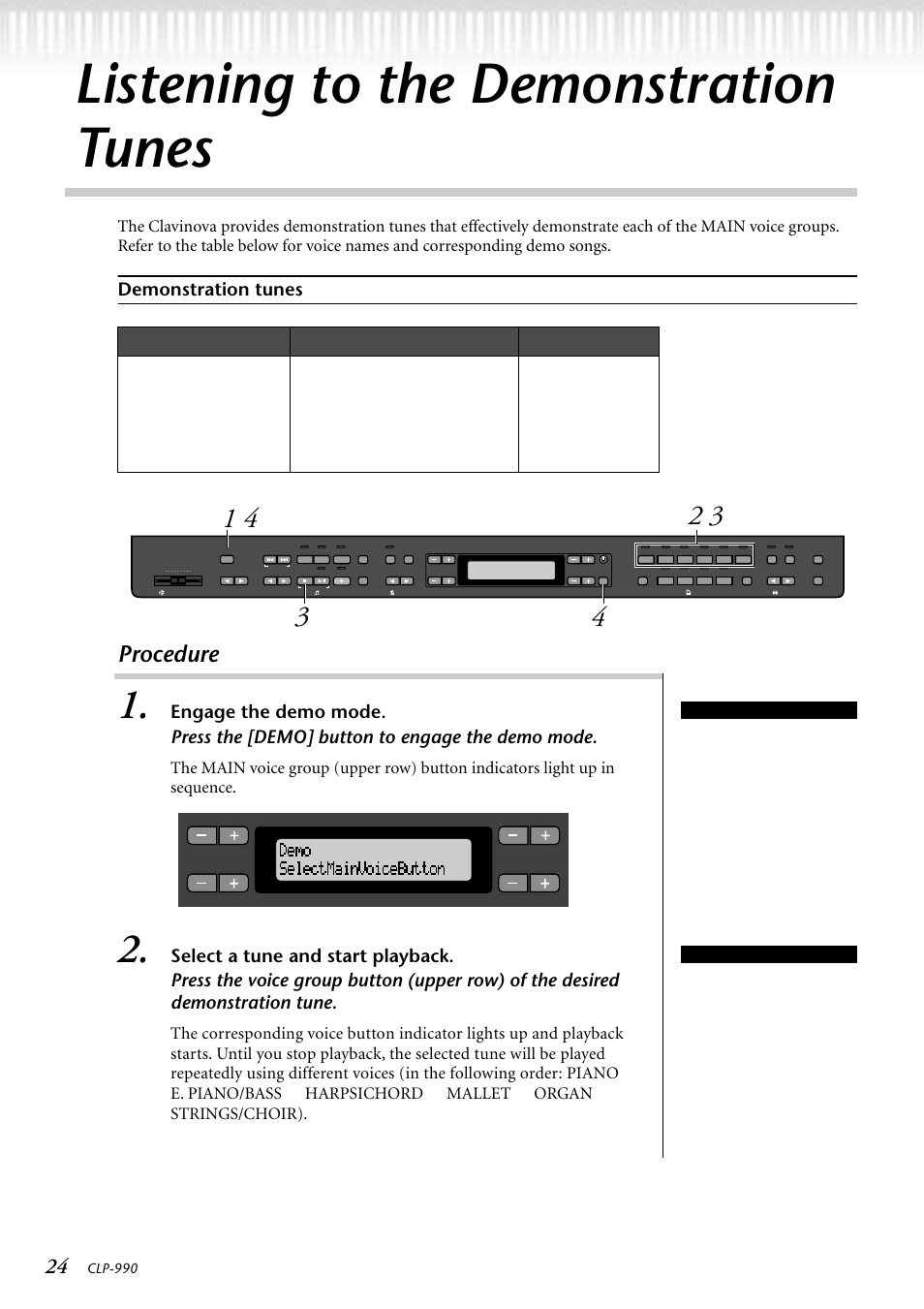 Listening to the demonstration tunes, Procedure, Demonstration tunes | E. piano/bass, Harpsichord, Mallet, Organ, Strings/choir), Main voice group buttons, Clp-990 | Yamaha CLP-990M  EN User Manual | Page 24 / 111