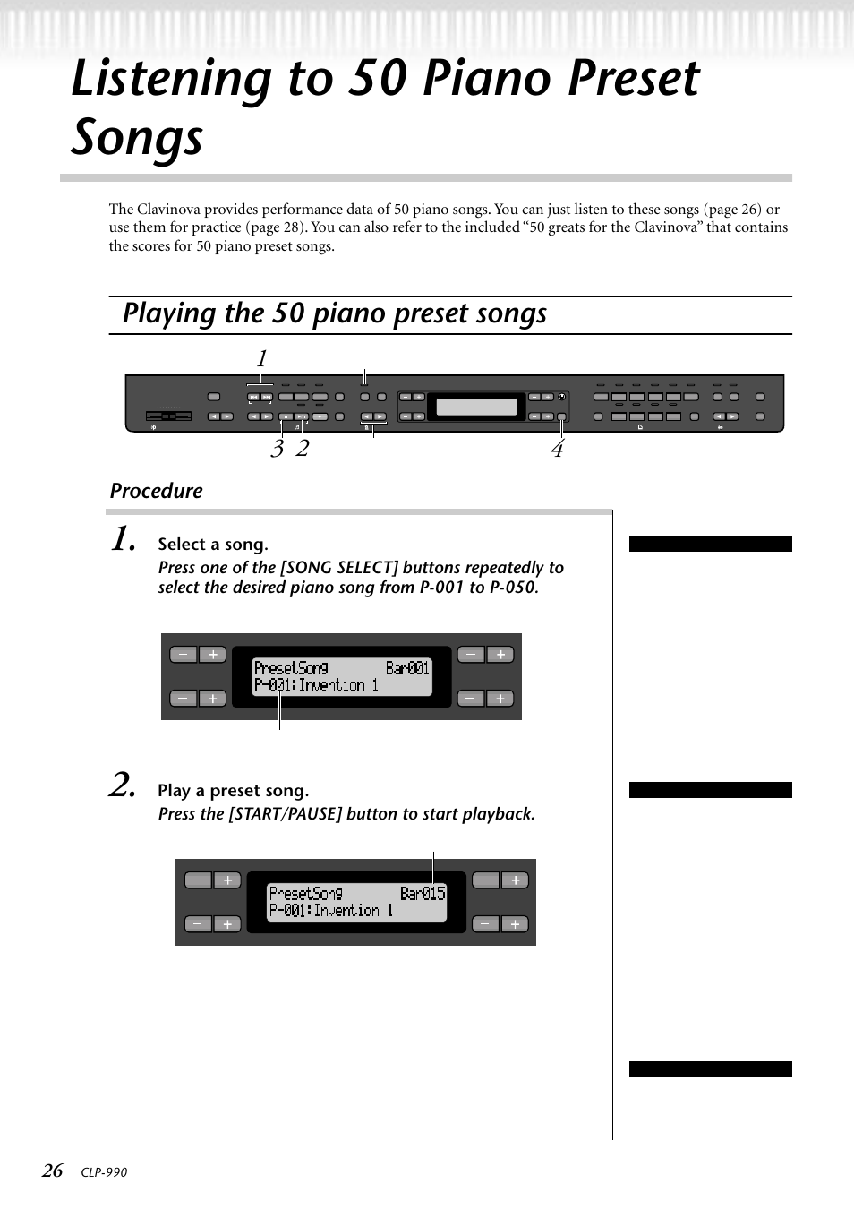 Listening to 50 piano preset songs, Playing the 50 piano preset songs, P26, 41, 57 | Procedure, Metronome [start/stop] tempo [down] [up, Clp-990, Terminology, The number of measures | Yamaha CLP-990M  EN User Manual | Page 26 / 111