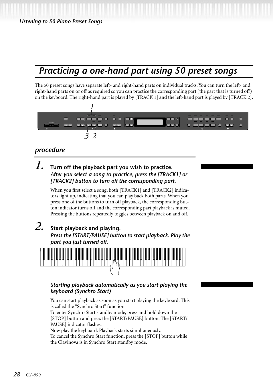 Practicing a one-hand part using 50 preset songs, Procedure, Listening to 50 piano preset songs | Clp-990, You can turn parts on or off, even during playback, Synchro: synchronous;occurring at the same time, Tip terminology | Yamaha CLP-990M  EN User Manual | Page 28 / 111