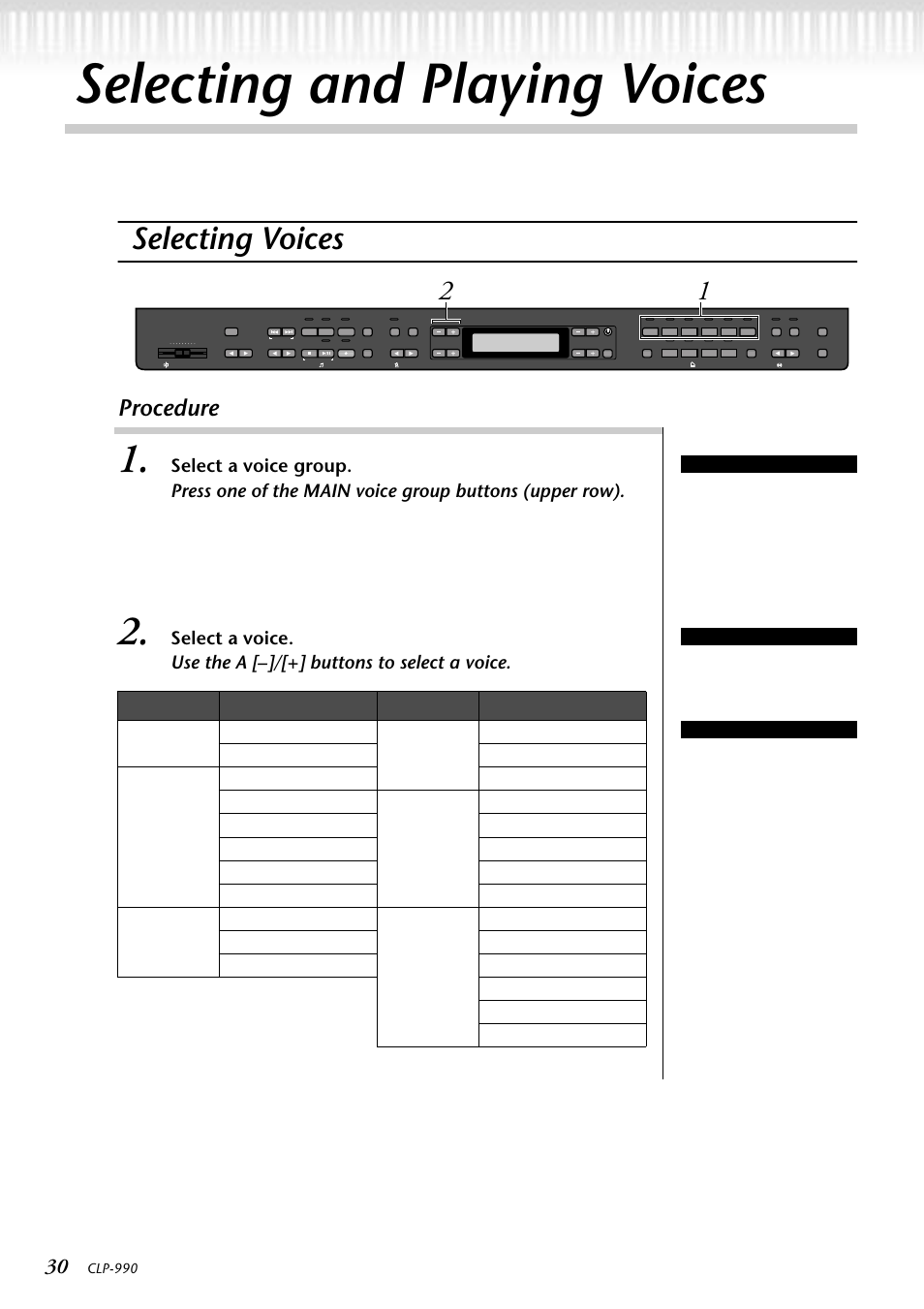 Selecting and playing voices, Selecting voices, Procedure | Clp-990, Main voice group buttons tip terminology tip | Yamaha CLP-990M  EN User Manual | Page 30 / 111