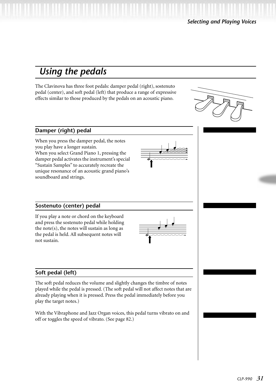 Using the pedals, Damper (right) pedal, Sostenuto (center) pedal | Soft pedal (left) | Yamaha CLP-990M  EN User Manual | Page 31 / 111