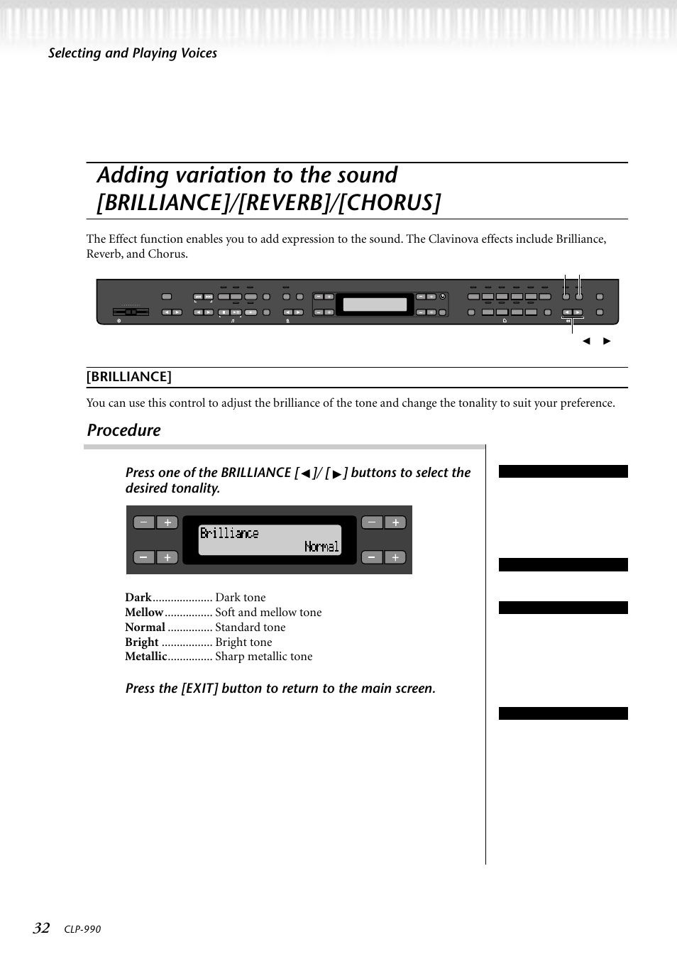 Procedure, Selecting and playing voices, Brilliance | Reverb] [chorus] brilliance, Clp-990 | Yamaha CLP-990M  EN User Manual | Page 32 / 111