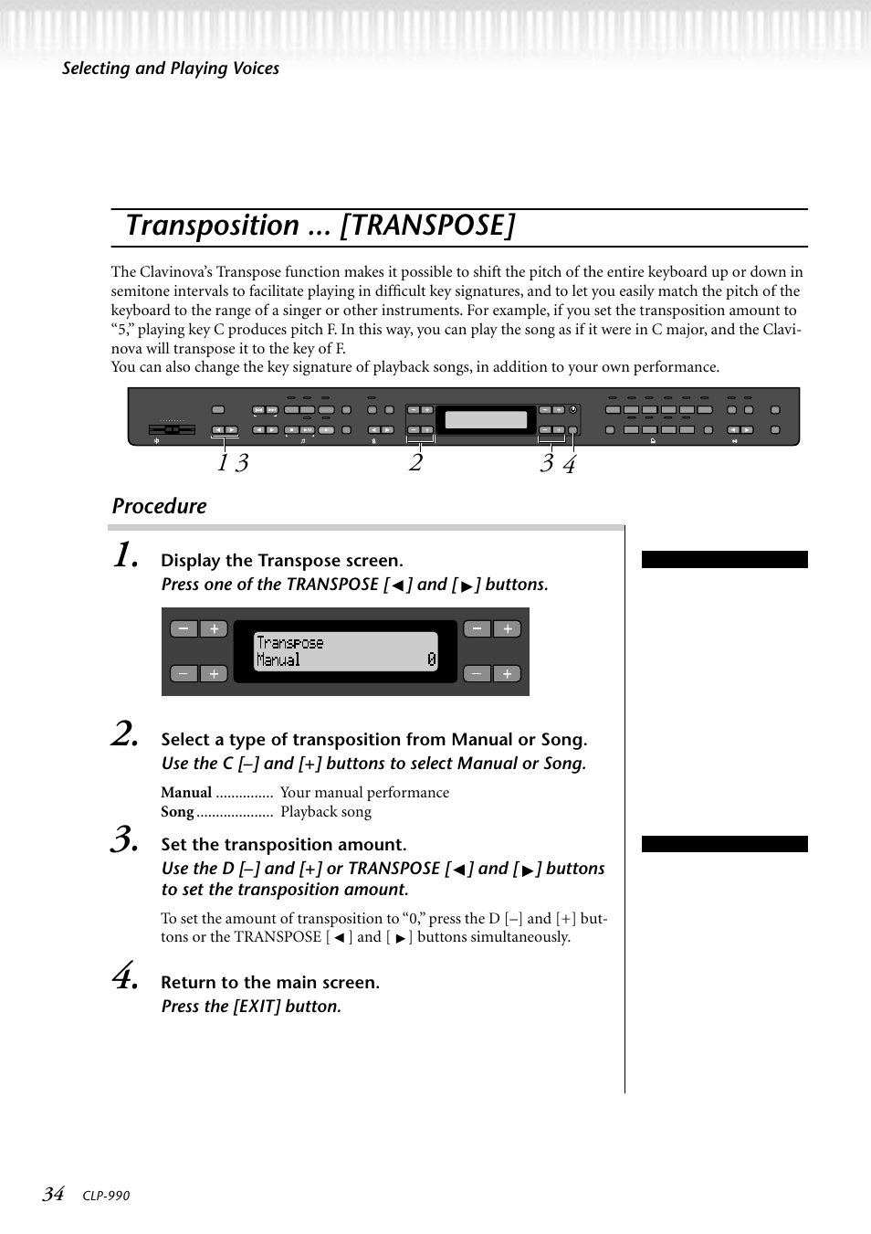 Transposition ... [transpose, Procedure, Selecting and playing voices | Return to the main screen. press the [exit] button, Clp-990, Terminology | Yamaha CLP-990M  EN User Manual | Page 34 / 111