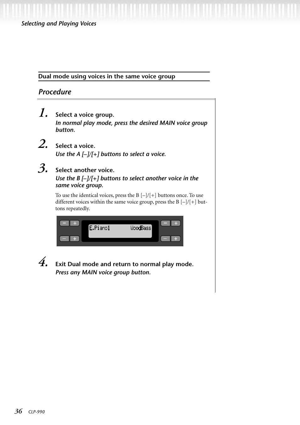 Dual mode using voices in the same voice group | Yamaha CLP-990M  EN User Manual | Page 36 / 111