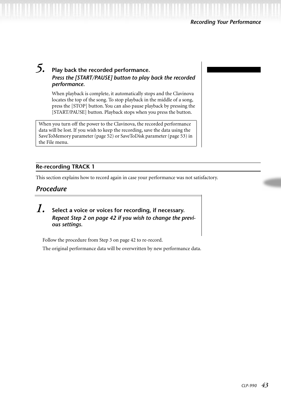 Re-recording track 1 | Yamaha CLP-990M  EN User Manual | Page 43 / 111