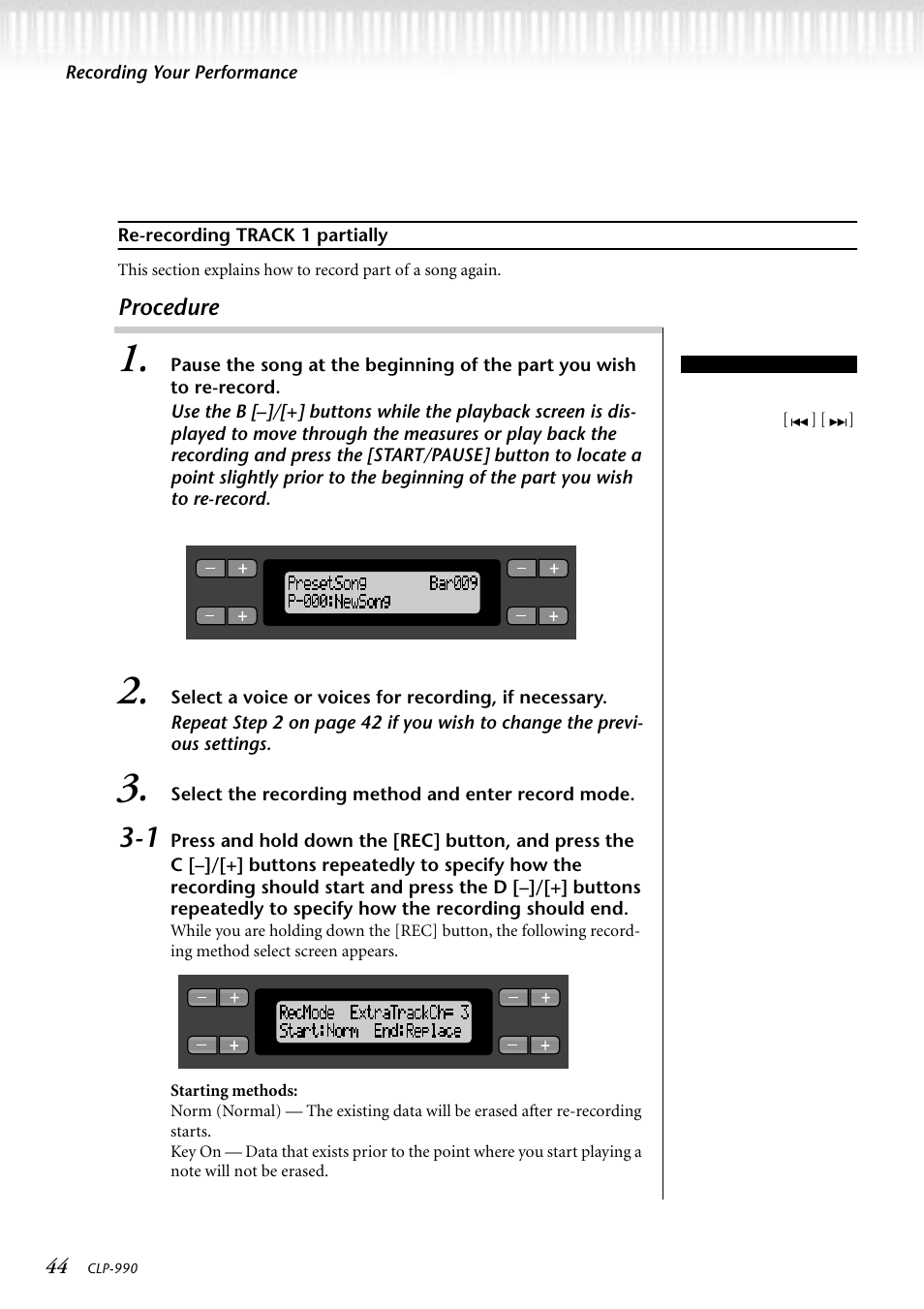 Re-recording track 1 partially, Procedure | Yamaha CLP-990M  EN User Manual | Page 44 / 111
