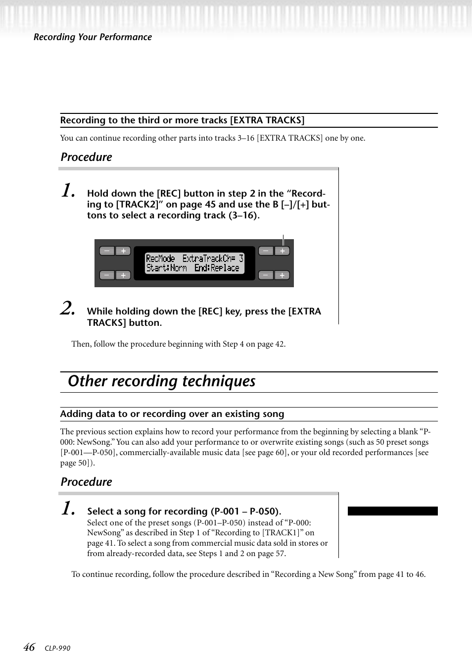 Other recording techniques, Adding data to or recording over an existing song, Setting the reverb depth [reverbsend | Procedure | Yamaha CLP-990M  EN User Manual | Page 46 / 111