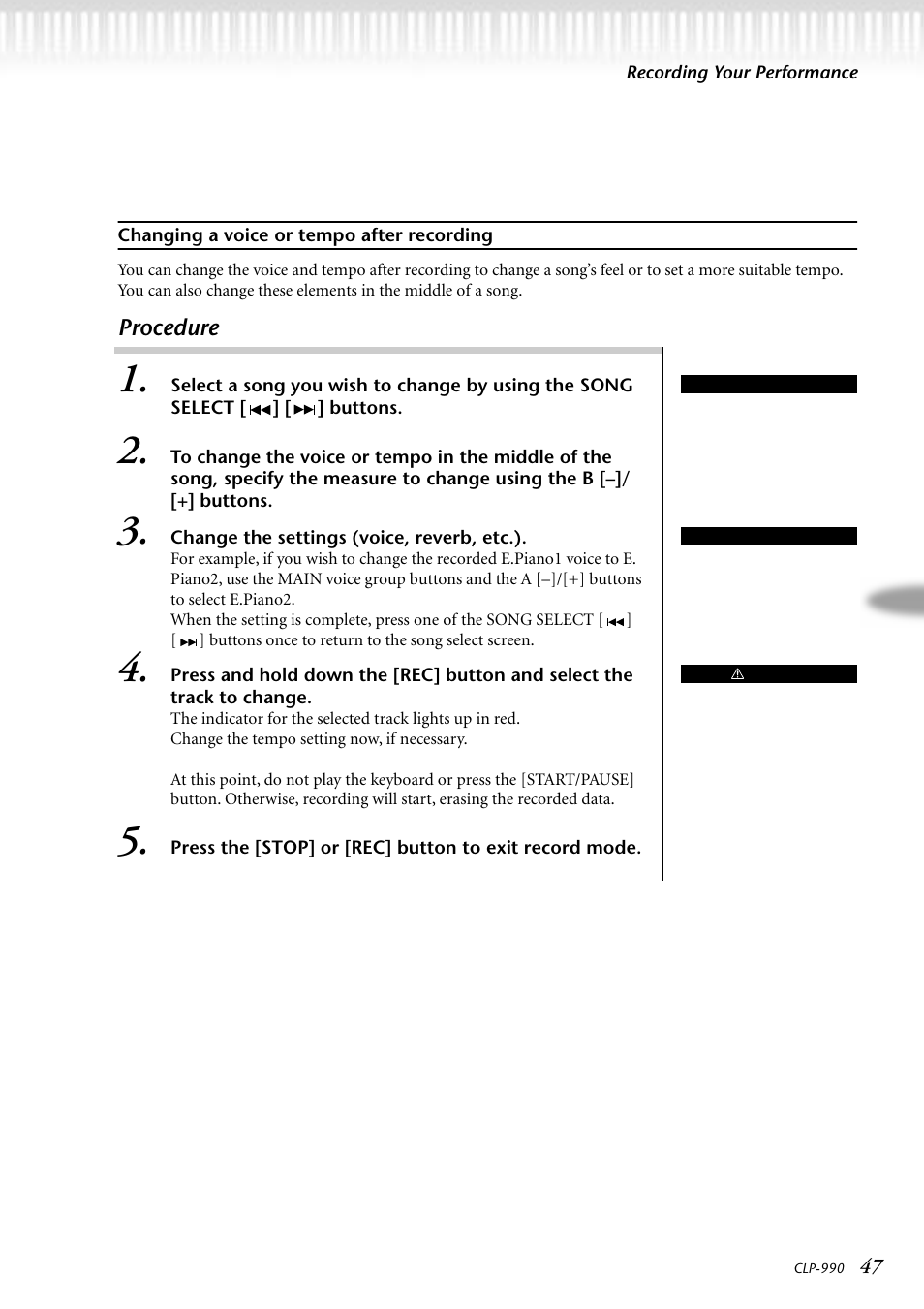 Changing a voice or tempo after recording | Yamaha CLP-990M  EN User Manual | Page 47 / 111