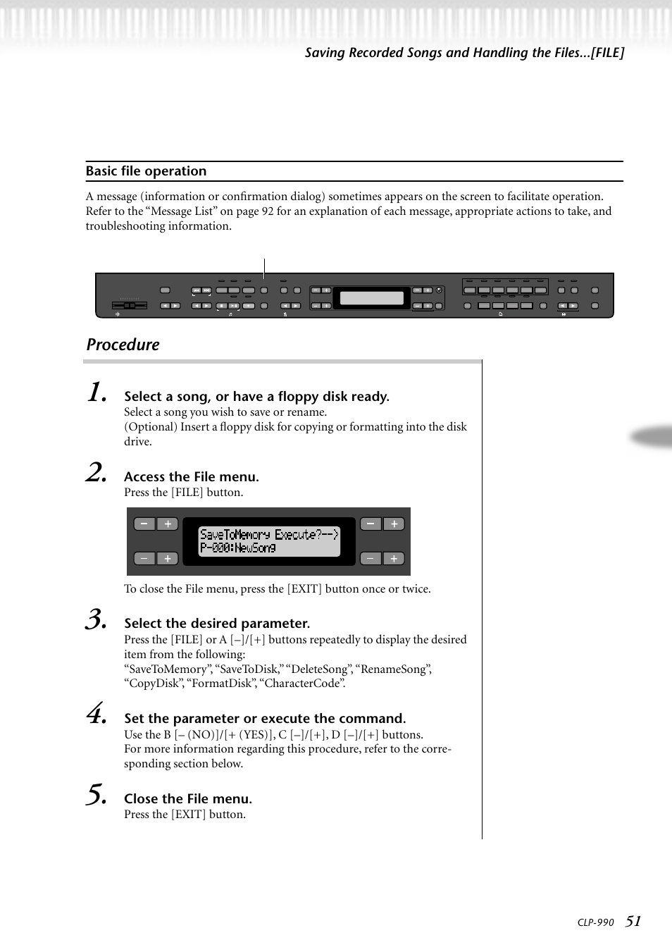 Basic file operation, Procedure, Select a song, or have a floppy disk ready | Access the file menu, Select the desired parameter, Set the parameter or execute the command, Close the file menu, Press the [exit] button, File, Clp-990 | Yamaha CLP-990M  EN User Manual | Page 51 / 111