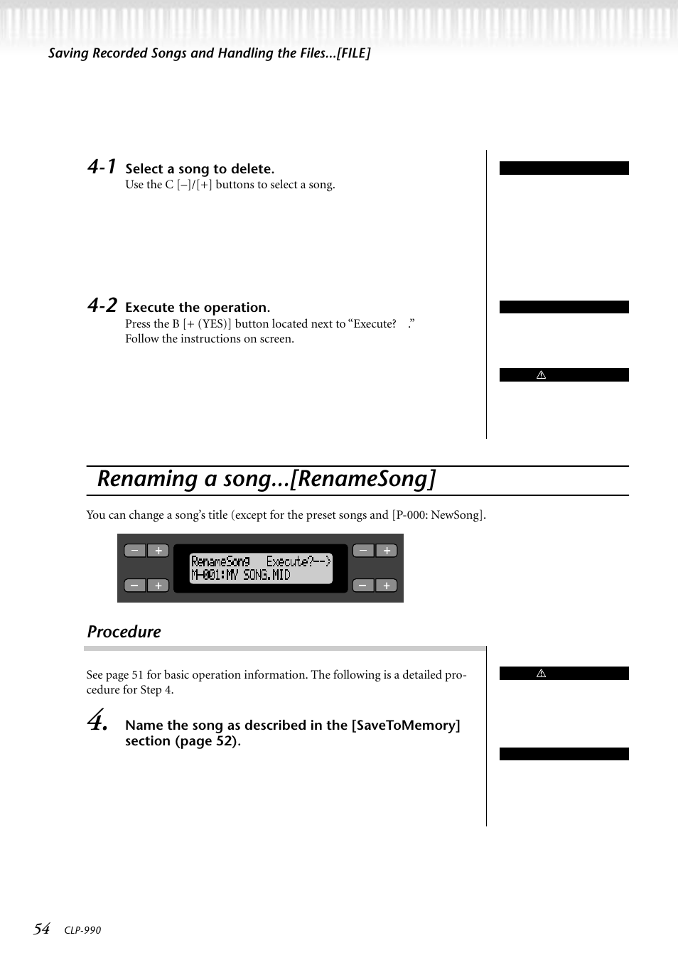 Renaming a song...[renamesong, Procedure | Yamaha CLP-990M  EN User Manual | Page 54 / 111