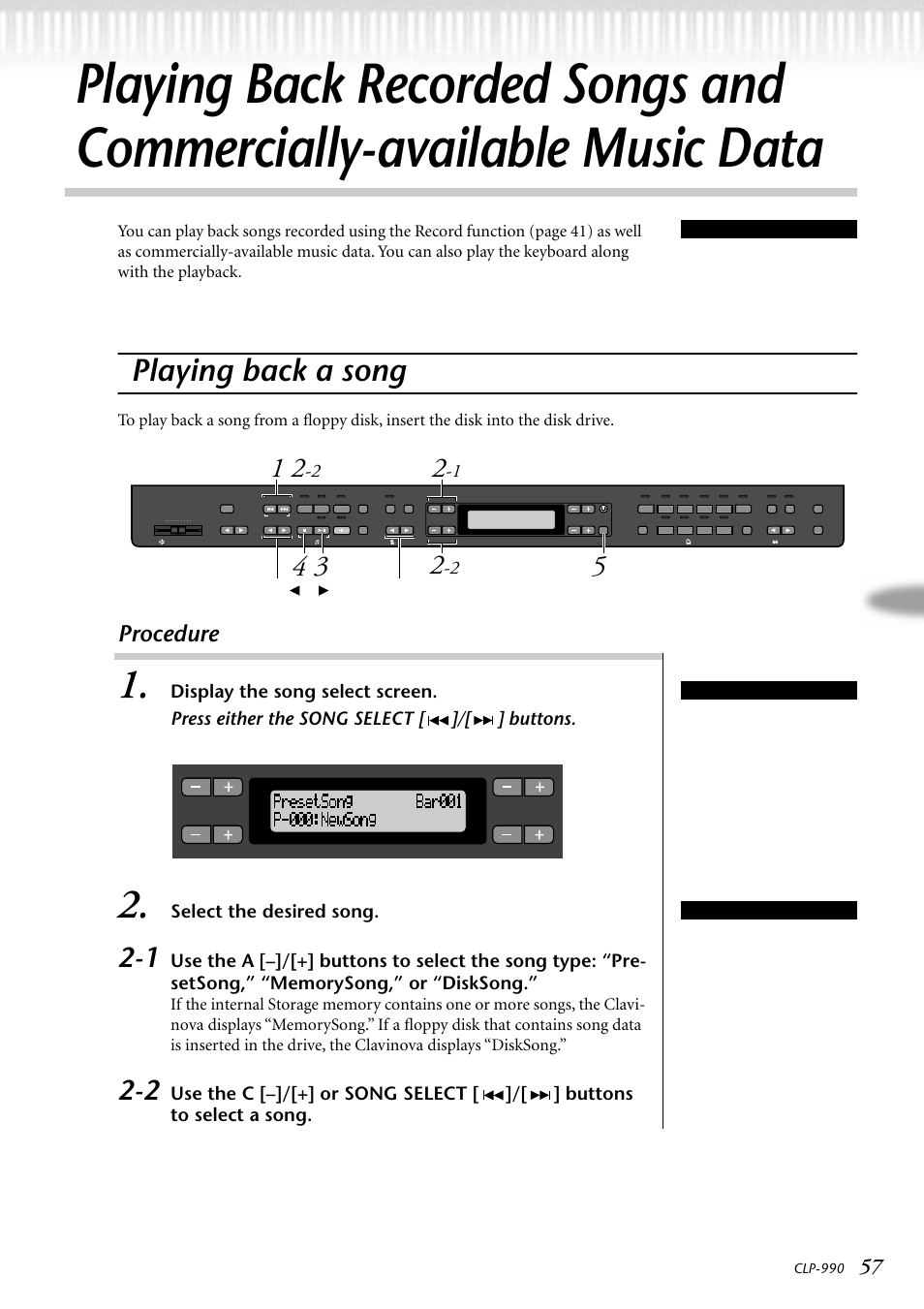 Playing back a song, Procedure, Select the desired song | Tempo [down] [up, Song balance, Clp-990, Song select screen tip | Yamaha CLP-990M  EN User Manual | Page 57 / 111