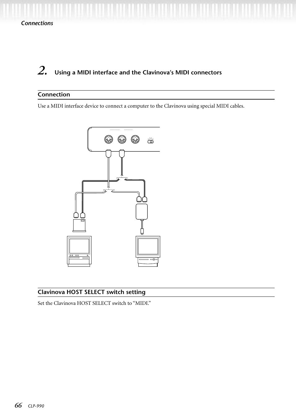 Connections, Clavinova host select switch setting, Set the clavinova host select switch to “midi | Yamaha CLP-990M  EN User Manual | Page 66 / 111