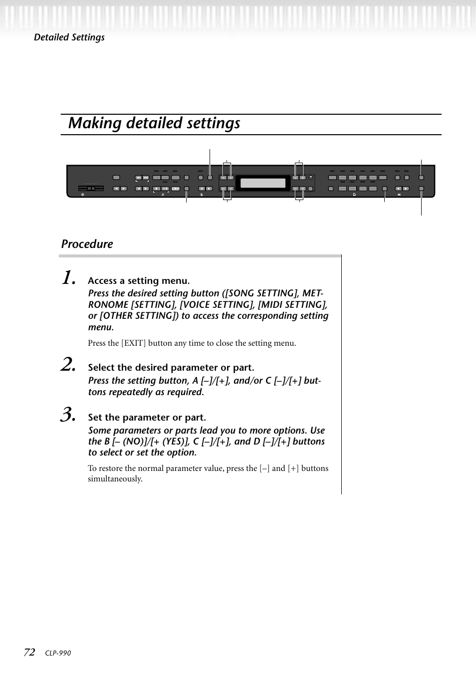 Making detailed settings, Procedure, Detailed settings | Clp-990 | Yamaha CLP-990M  EN User Manual | Page 72 / 111