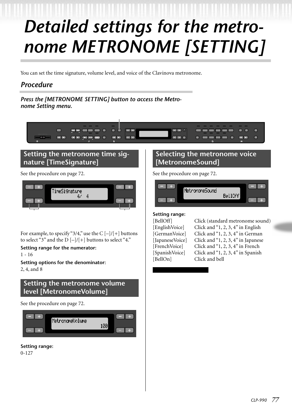Selecting the metronome voice [metronomesound, Procedure, Setting range for the numerator | Setting options for the denominator, Setting range, Metronome [setting, Clp-990 | Yamaha CLP-990M  EN User Manual | Page 77 / 111