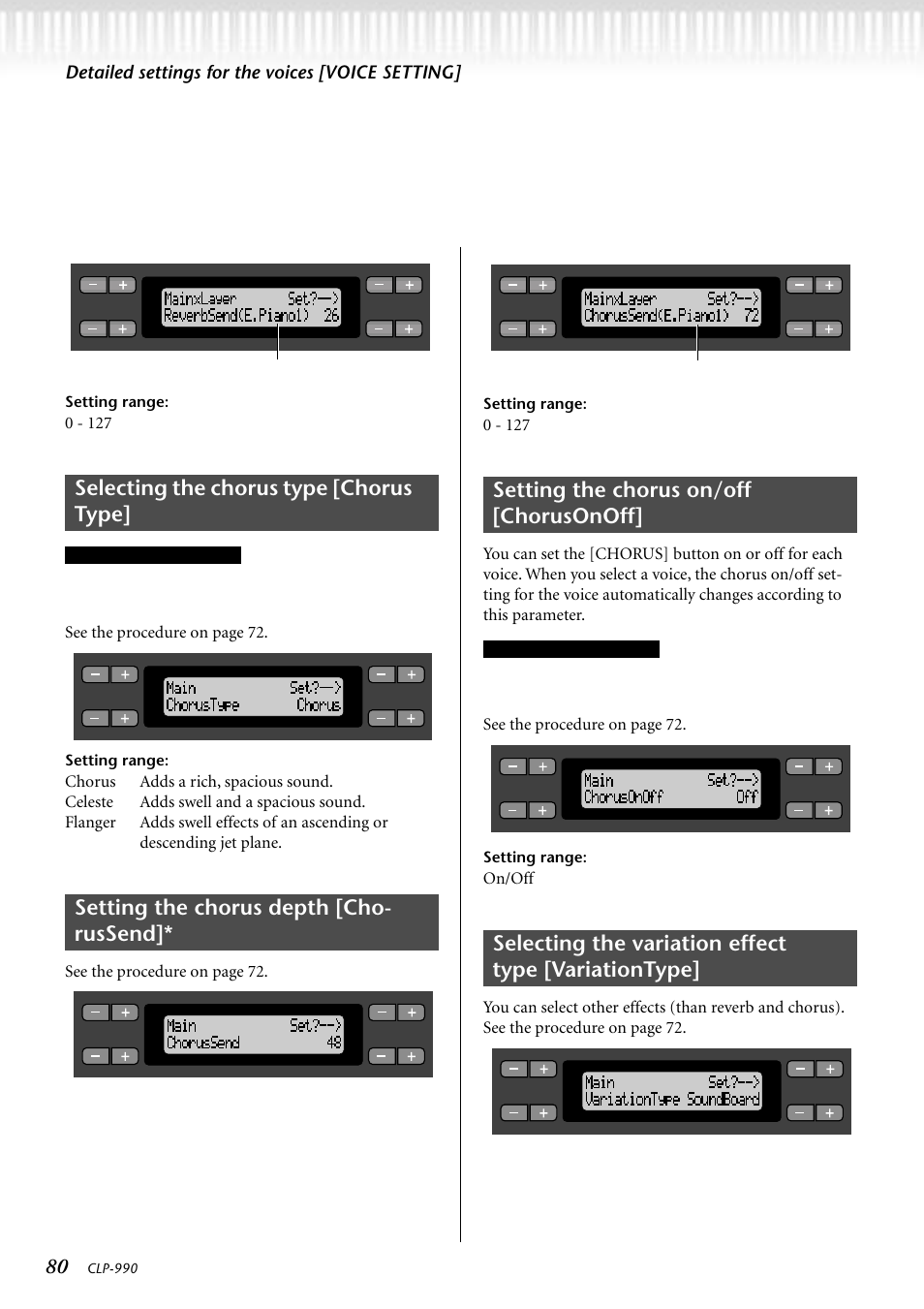 Selecting the chorus type [chorus type, Setting the chorus depth [chorussend, Setting the chorus on/off [chorusonoff | Selecting the variation effect type [variationtype, Detailed settings for the voices [voice setting, See the procedur e on page 72, Setting range | Yamaha CLP-990M  EN User Manual | Page 80 / 111