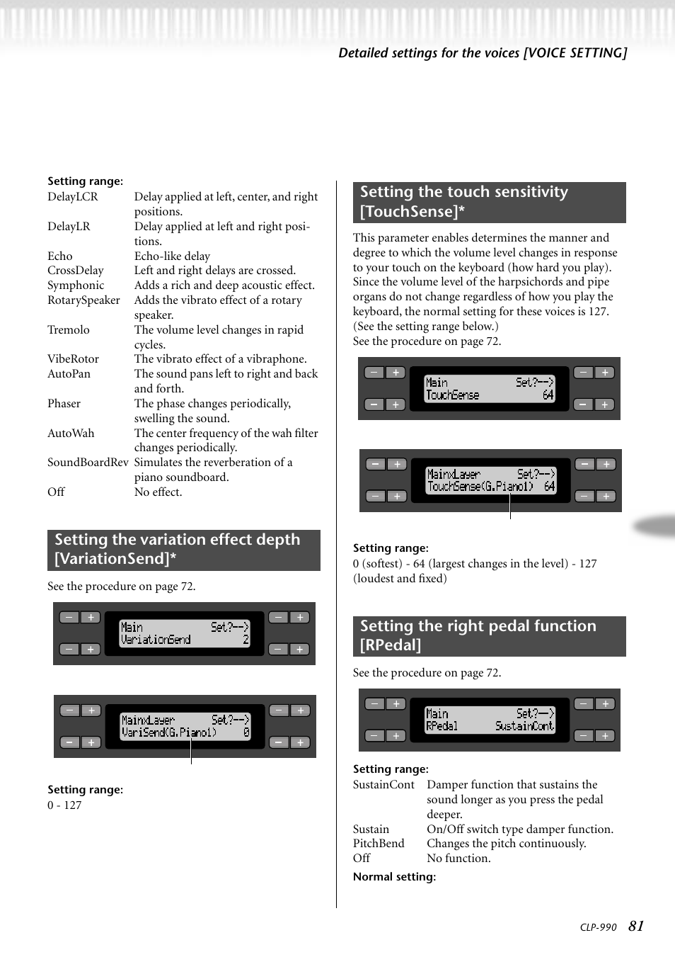 Setting the variation effect depth [variationsend, Setting the touch sensitivity [touchsense, Setting the right pedal function [rpedal | Detailed settings for the voices [voice setting | Yamaha CLP-990M  EN User Manual | Page 81 / 111