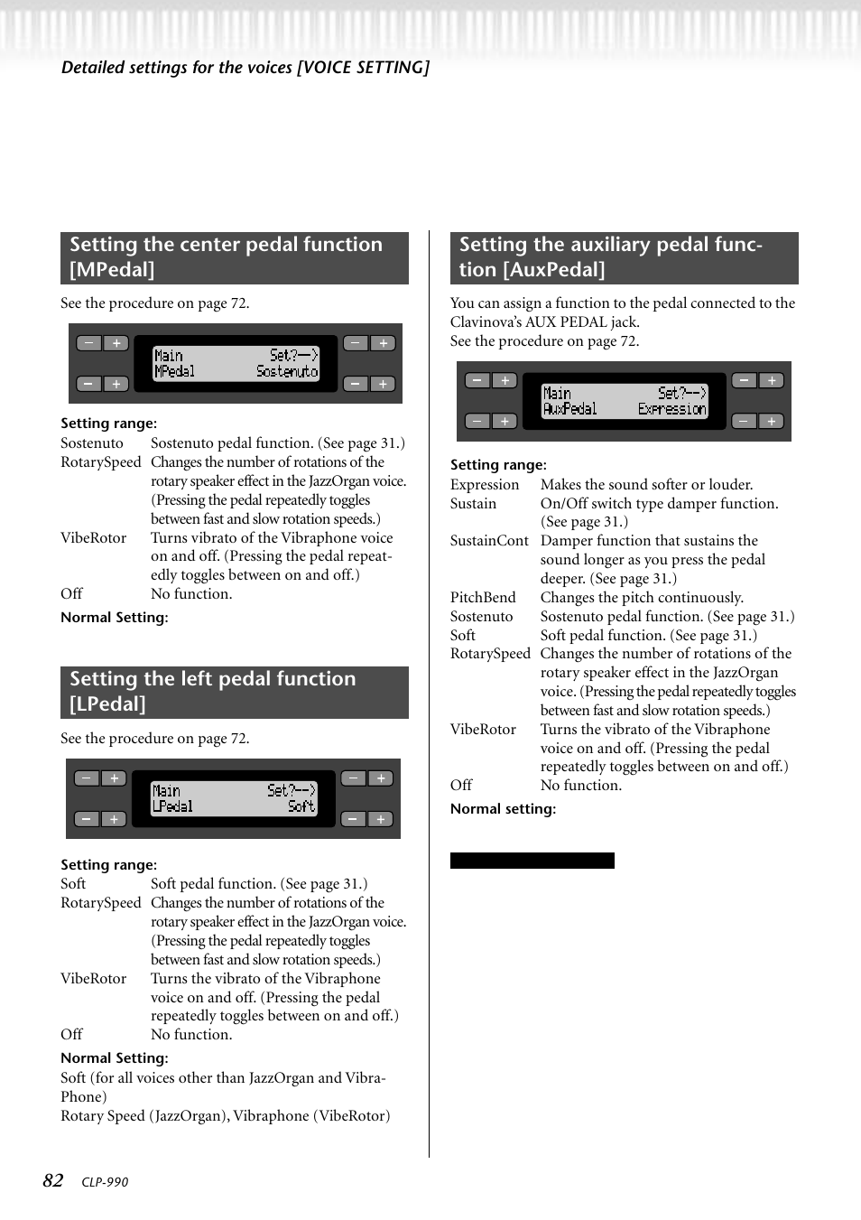 Setting the center pedal function [mpedal, Setting the left pedal function [lpedal, Setting the auxiliary pedal function [auxpedal | Setting the auxiliary pedal func- tion [auxpedal, Detailed settings for the voices [voice setting | Yamaha CLP-990M  EN User Manual | Page 82 / 111