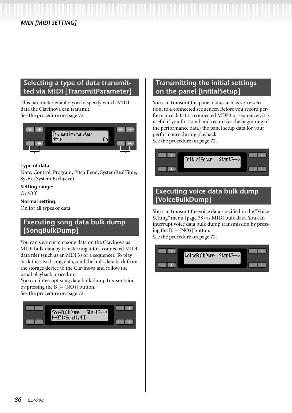 Executing song data bulk dump [songbulkdump, Executing voice data bulk dump [voicebulkdump, Midi [midi setting | On/off, Type of data, Setting range, Normal setting | Yamaha CLP-990M  EN User Manual | Page 86 / 111