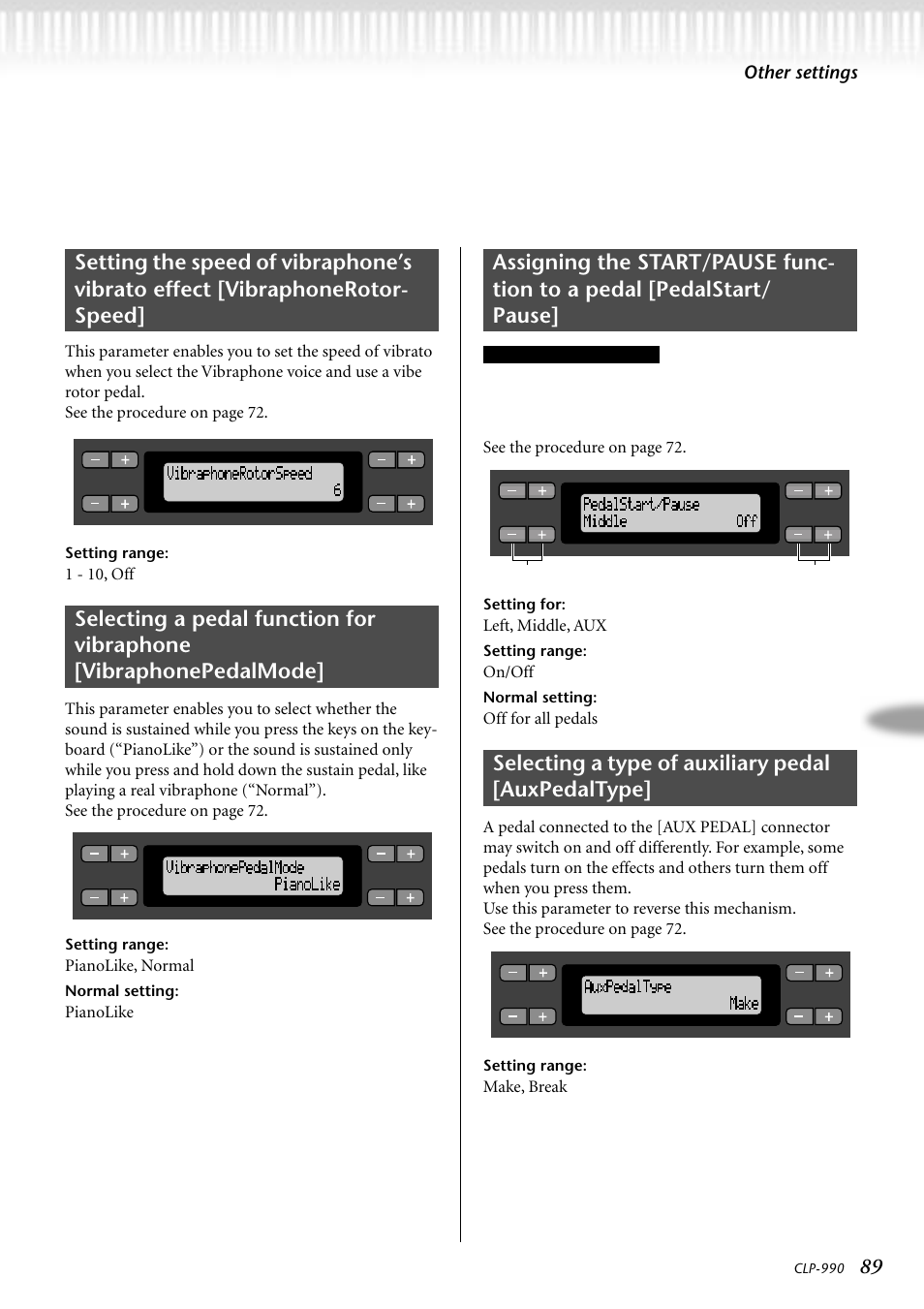 Selecting a type of auxiliary pedal [auxpedaltype, Other settings, Pianolike, normal | Pianolike, See the procedur e on page 72, Left, middle, aux, On/off, Make, break | Yamaha CLP-990M  EN User Manual | Page 89 / 111