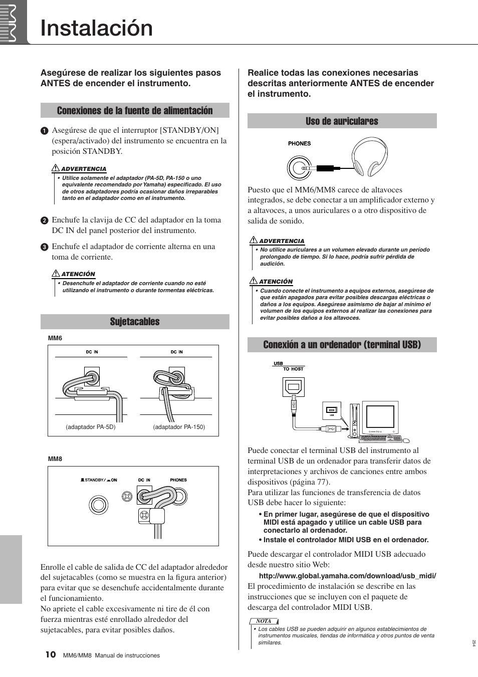 Instalación, Conexiones de la fuente de alimentación, Sujetacables | Uso de auriculares, Conexión a un ordenador (terminal usb) | Yamaha MM8  EU User Manual | Page 10 / 116