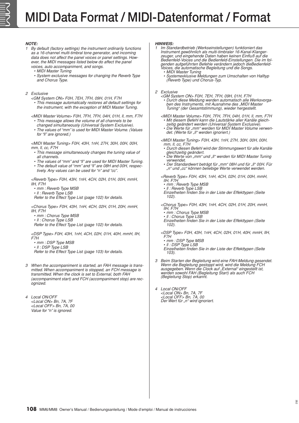 Midi data format / midi-datenformat / format | Yamaha MM8  EU User Manual | Page 108 / 116