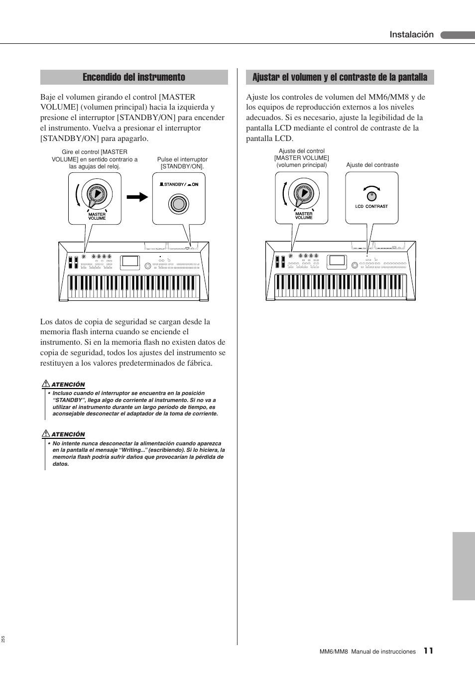 Encendido del instrumento, Ajustar el volumen y el contraste de la pantalla, Instalación | Yamaha MM8  EU User Manual | Page 11 / 116