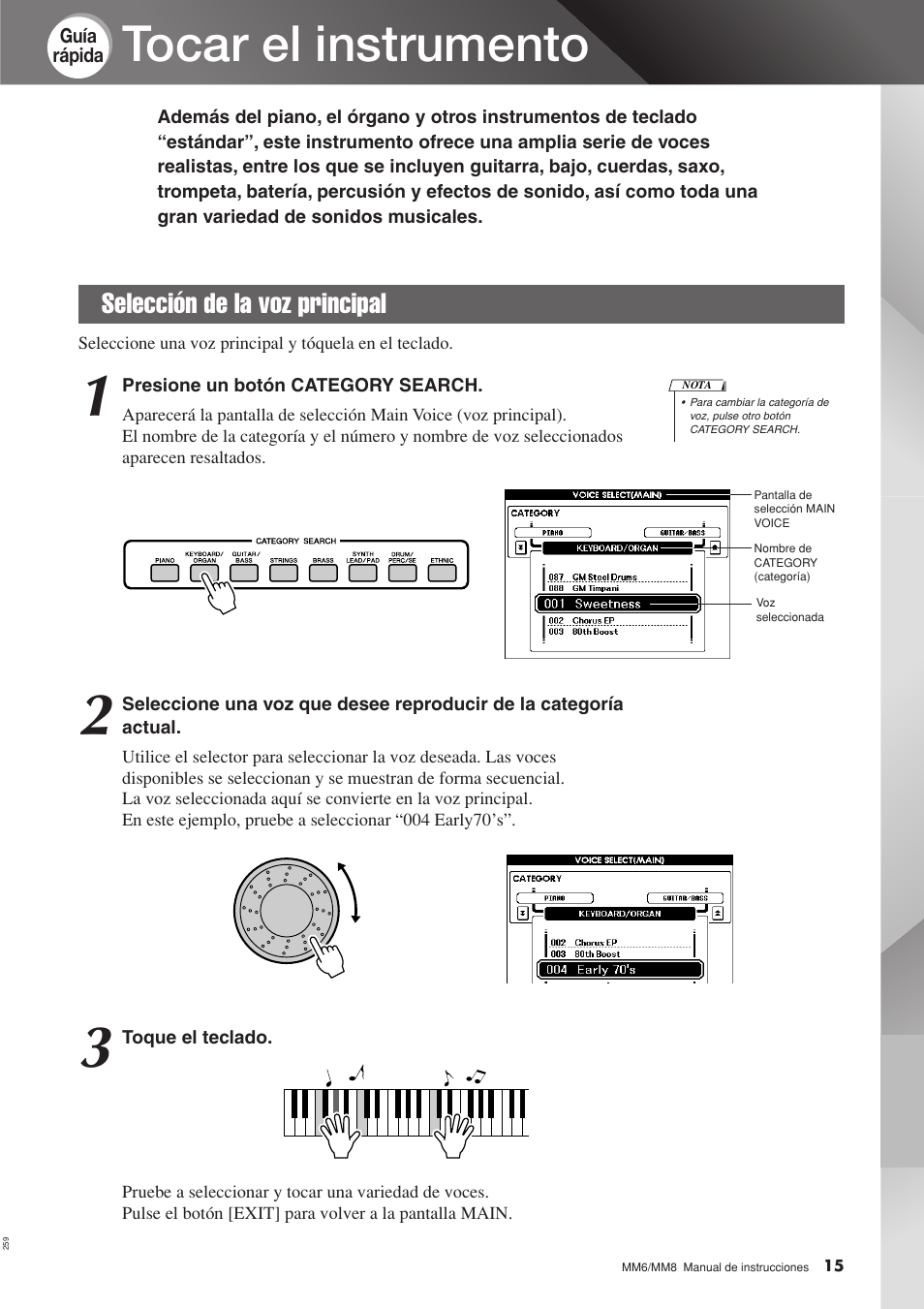 Tocar el instrumento, Selección de la voz principal | Yamaha MM8  EU User Manual | Page 15 / 116