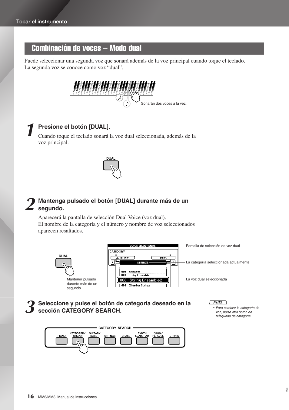 Combinación de voces - modo dual, Combinación de voces – modo dual | Yamaha MM8  EU User Manual | Page 16 / 116