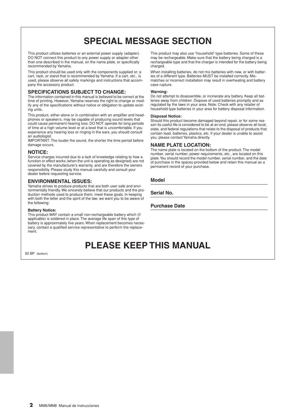 Please keep this manual | Yamaha MM8  EU User Manual | Page 2 / 116