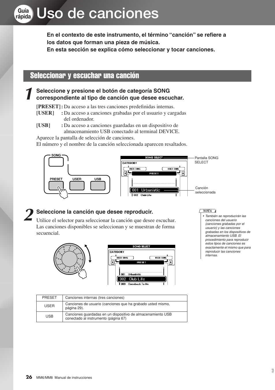 Uso de canciones, Seleccionar y escuchar una canción | Yamaha MM8  EU User Manual | Page 26 / 116