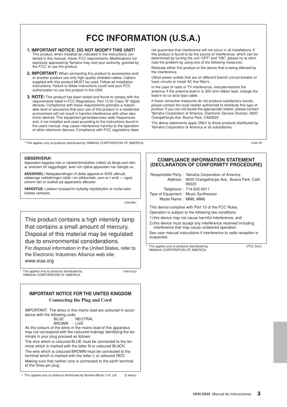 Fcc information (u.s.a.) | Yamaha MM8  EU User Manual | Page 3 / 116